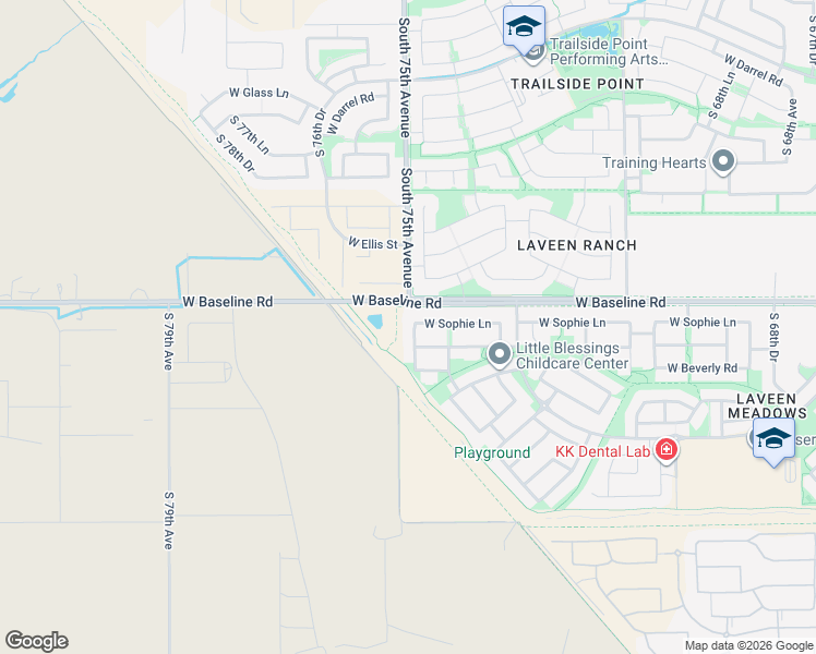 map of restaurants, bars, coffee shops, grocery stores, and more near 7708 South 74th Lane in Phoenix