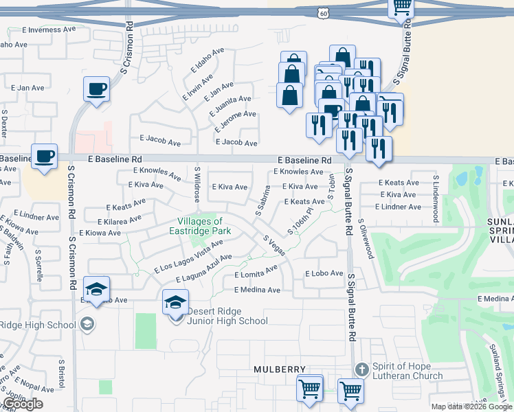 map of restaurants, bars, coffee shops, grocery stores, and more near 2116 South Sabrina in Mesa