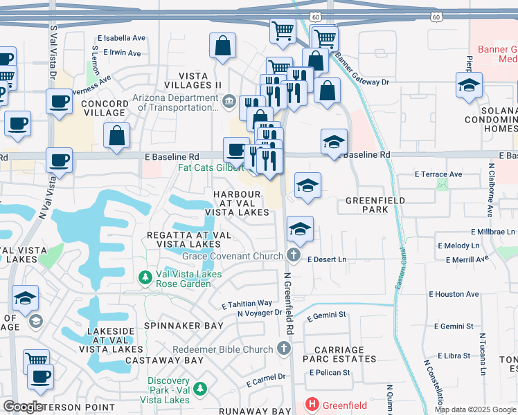 map of restaurants, bars, coffee shops, grocery stores, and more near 1410 North San Joaquin Drive in Gilbert