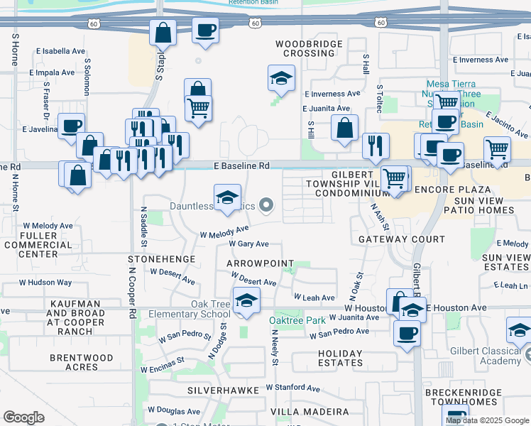 map of restaurants, bars, coffee shops, grocery stores, and more near 1501 North Monterey Street in Gilbert