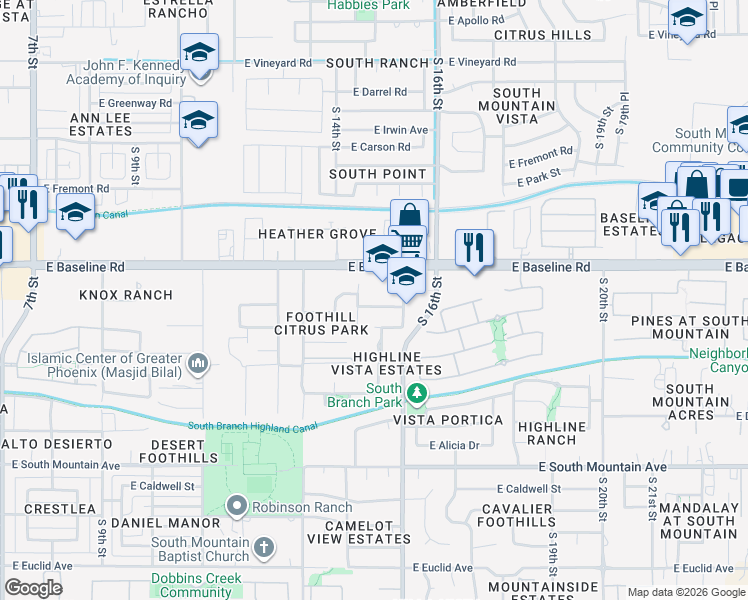 map of restaurants, bars, coffee shops, grocery stores, and more near 1510 East Branham Lane in Phoenix