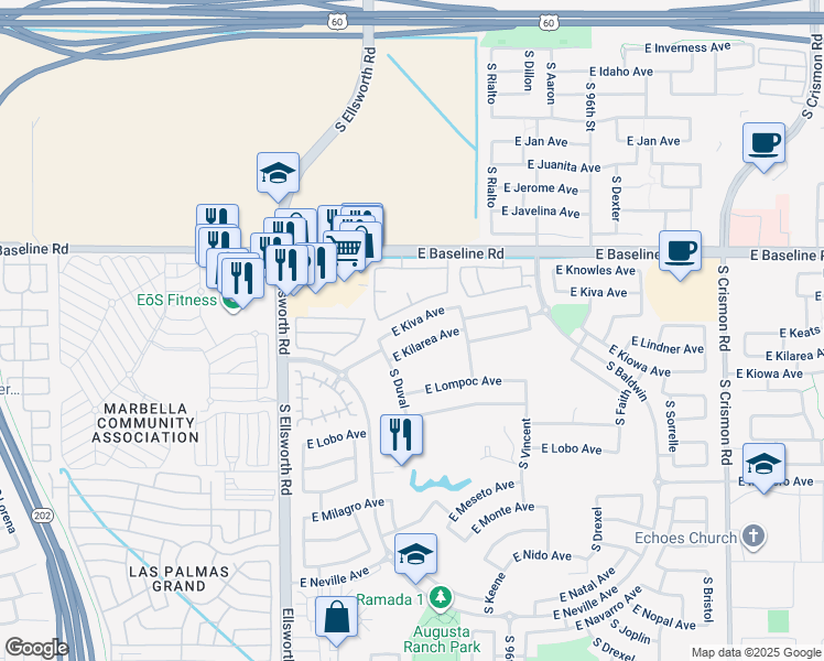 map of restaurants, bars, coffee shops, grocery stores, and more near 9421 East Kiva Avenue in Mesa