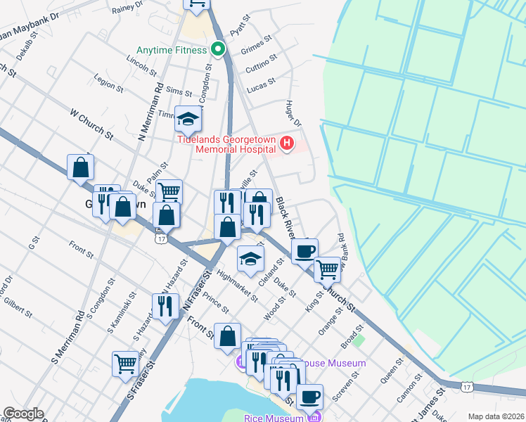 map of restaurants, bars, coffee shops, grocery stores, and more near 525 Bonds Street in Georgetown