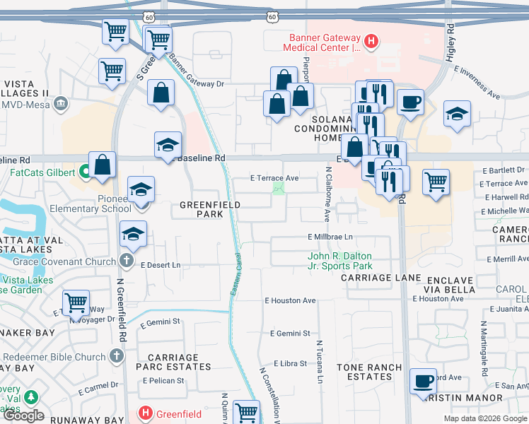 map of restaurants, bars, coffee shops, grocery stores, and more near 2835 East Michelle Way in Gilbert