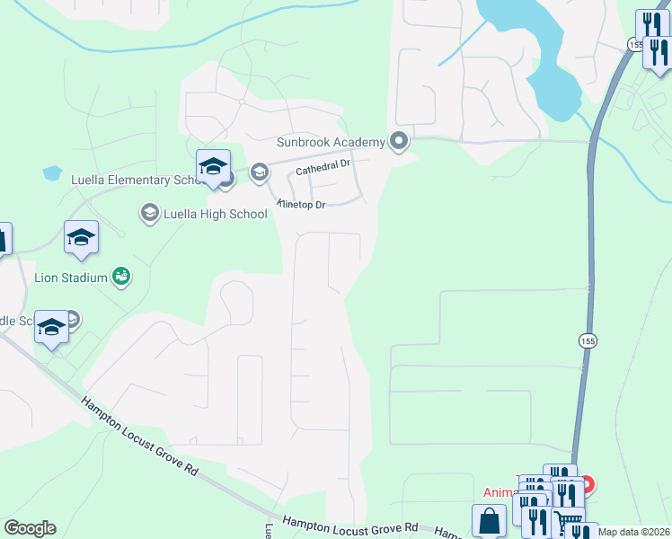 map of restaurants, bars, coffee shops, grocery stores, and more near 1017 Battersea Place in Locust Grove
