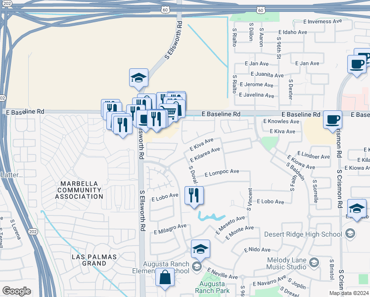 map of restaurants, bars, coffee shops, grocery stores, and more near 9366 East Kiva Avenue in Mesa