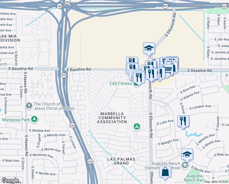 map of restaurants, bars, coffee shops, grocery stores, and more near Monte Vista Drive in Mesa