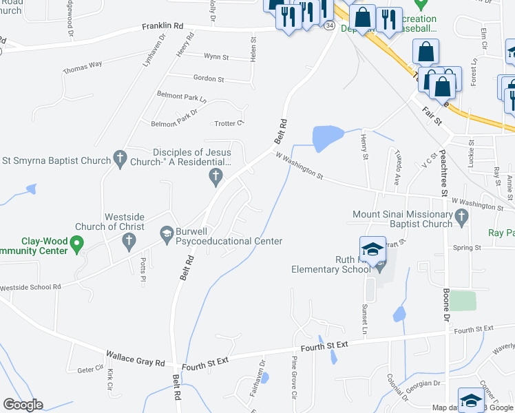 map of restaurants, bars, coffee shops, grocery stores, and more near 6 Westgate Park Court in Newnan