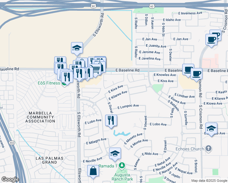 map of restaurants, bars, coffee shops, grocery stores, and more near 9421 East Kiva Avenue in Mesa