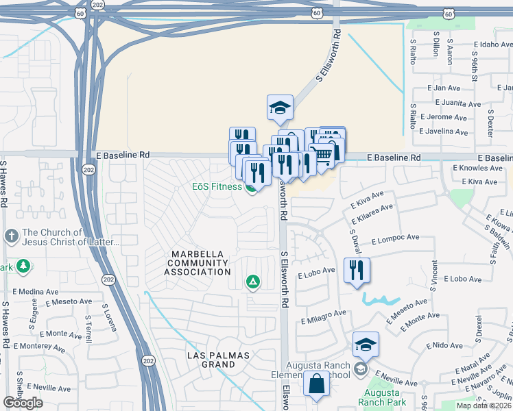 map of restaurants, bars, coffee shops, grocery stores, and more near 9115 East Baseline Road in Mesa