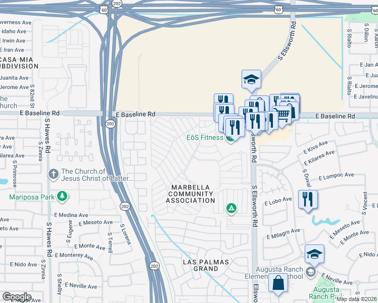 map of restaurants, bars, coffee shops, grocery stores, and more near 8865 East Baseline Road in Mesa