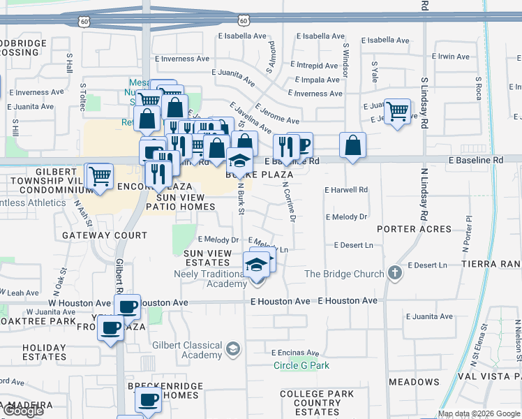 map of restaurants, bars, coffee shops, grocery stores, and more near 420 East Moore Avenue in Gilbert