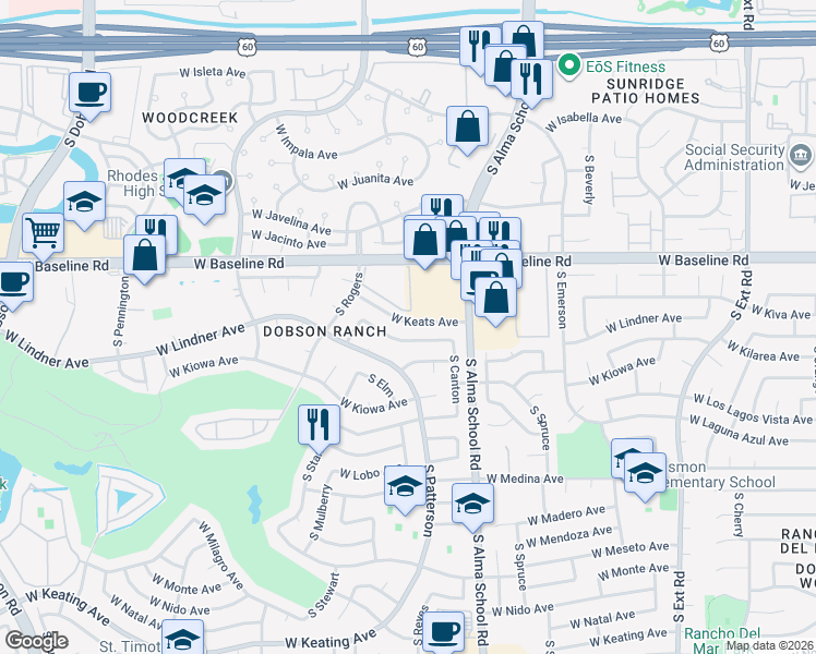 map of restaurants, bars, coffee shops, grocery stores, and more near 1337 West Keats Avenue in Mesa