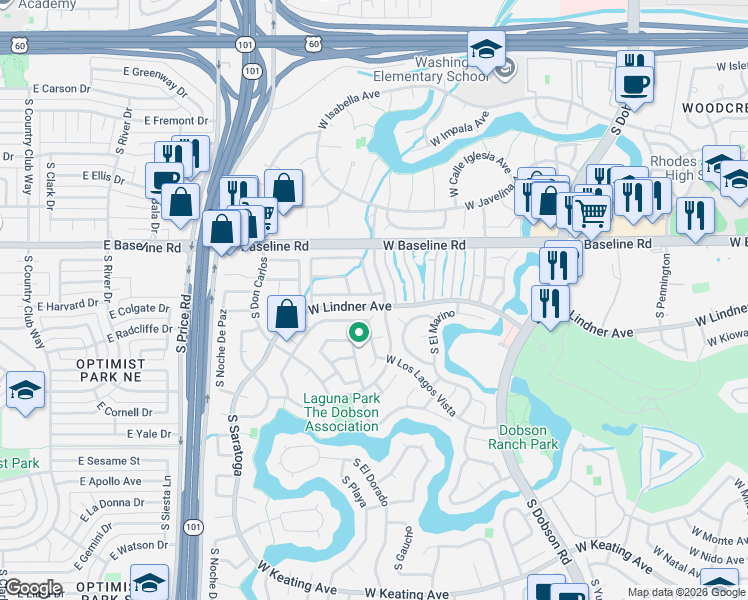 map of restaurants, bars, coffee shops, grocery stores, and more near 2425 West Kilarea Avenue in Mesa