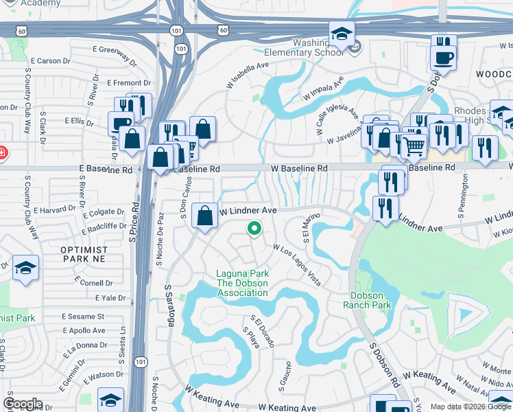 map of restaurants, bars, coffee shops, grocery stores, and more near 2425 West Kilarea Avenue in Mesa