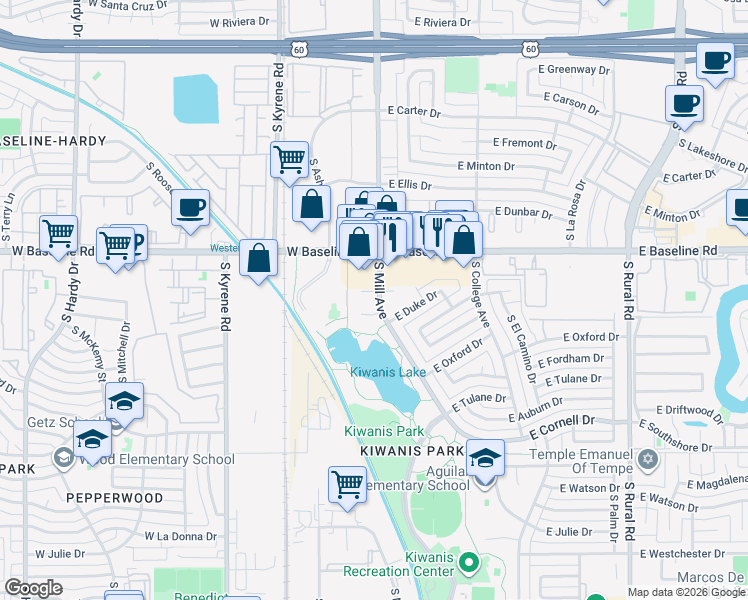 map of restaurants, bars, coffee shops, grocery stores, and more near 5237 South Mill Avenue in Tempe