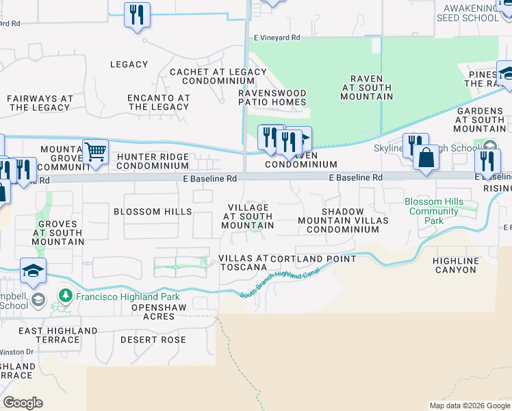 map of restaurants, bars, coffee shops, grocery stores, and more near 3209 East Branham Lane in Phoenix