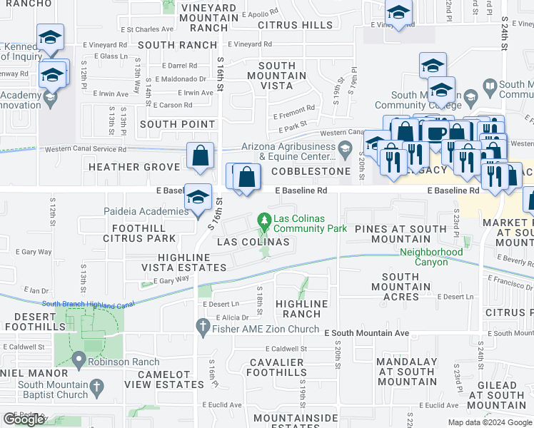 map of restaurants, bars, coffee shops, grocery stores, and more near 1815 East Valencia Drive in Phoenix