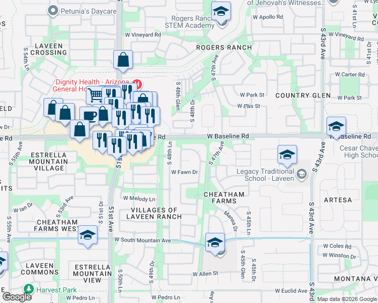 map of restaurants, bars, coffee shops, grocery stores, and more near 4809 West Valencia Drive in Phoenix