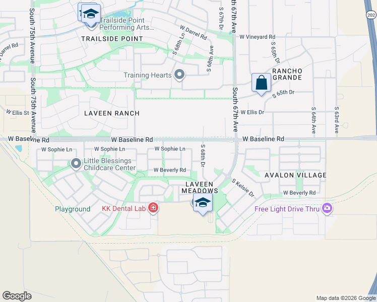 map of restaurants, bars, coffee shops, grocery stores, and more near 7615 South 69th Drive in Phoenix