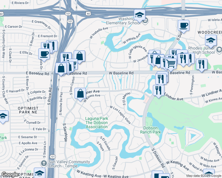 map of restaurants, bars, coffee shops, grocery stores, and more near 53 South El Dorado in Mesa