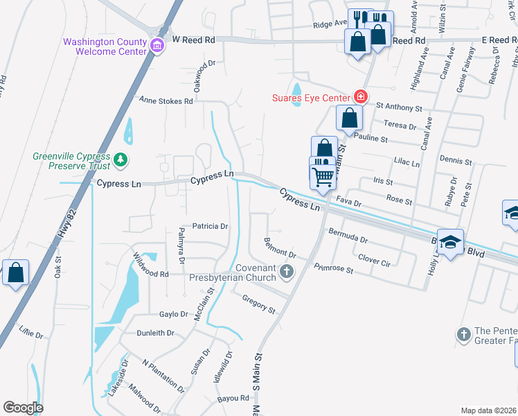 map of restaurants, bars, coffee shops, grocery stores, and more near 329 Bamboo Drive in Greenville