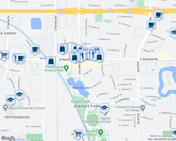 map of restaurants, bars, coffee shops, grocery stores, and more near 112 Deborah Avenue in Tempe