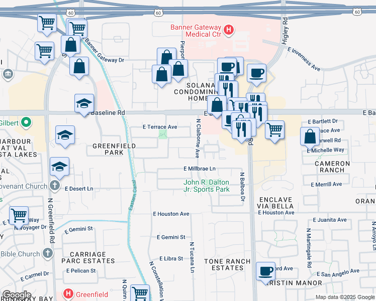 map of restaurants, bars, coffee shops, grocery stores, and more near 2977 East Michelle Way in Gilbert