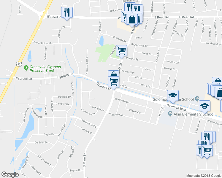 map of restaurants, bars, coffee shops, grocery stores, and more near 216 Cypress Lane in Greenville