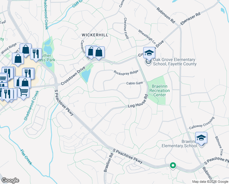 map of restaurants, bars, coffee shops, grocery stores, and more near 139 Rockspray Ridge in Peachtree City