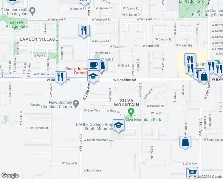 map of restaurants, bars, coffee shops, grocery stores, and more near 7715 South 25th Avenue in Phoenix