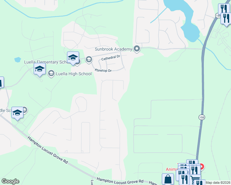map of restaurants, bars, coffee shops, grocery stores, and more near 1017 Battersea Place in Locust Grove