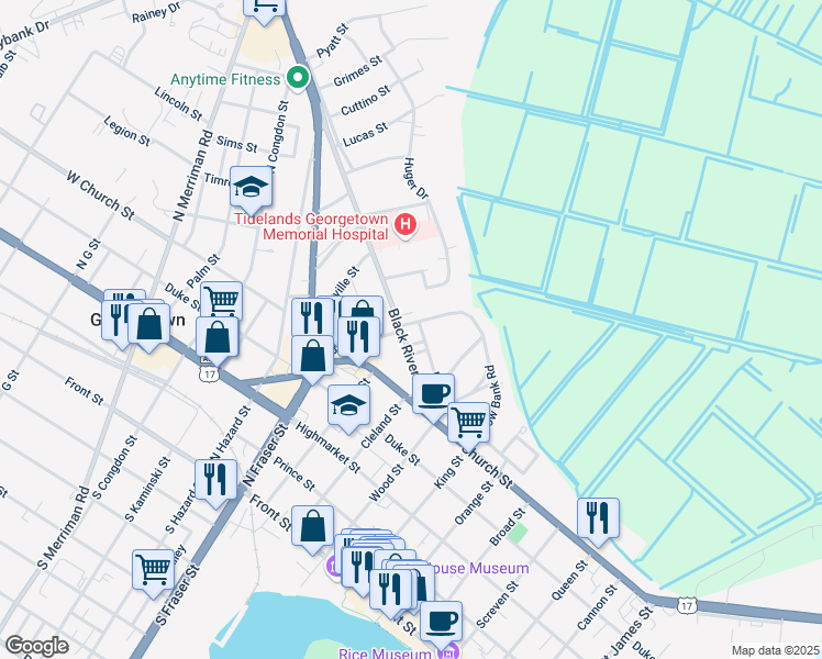 map of restaurants, bars, coffee shops, grocery stores, and more near 1185 Palmetto Street in Georgetown