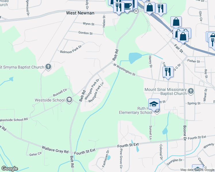 map of restaurants, bars, coffee shops, grocery stores, and more near 10 Westgate Park Court in Newnan