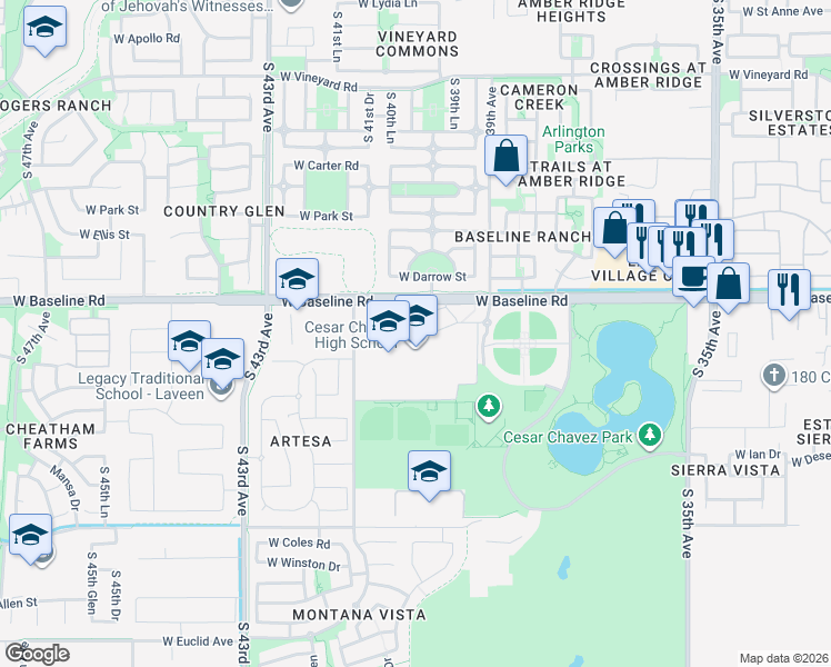 map of restaurants, bars, coffee shops, grocery stores, and more near Cesar Chavez High School in Phoenix