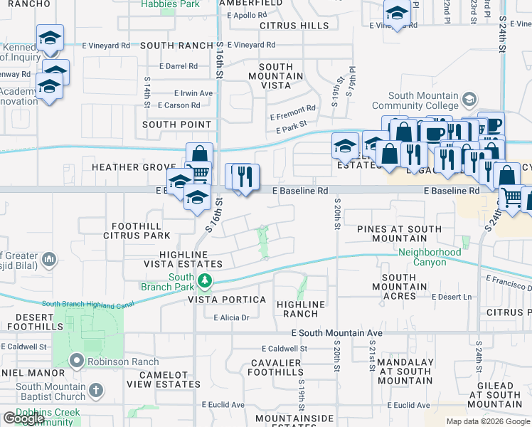 map of restaurants, bars, coffee shops, grocery stores, and more near 1815 East Valencia Drive in Phoenix