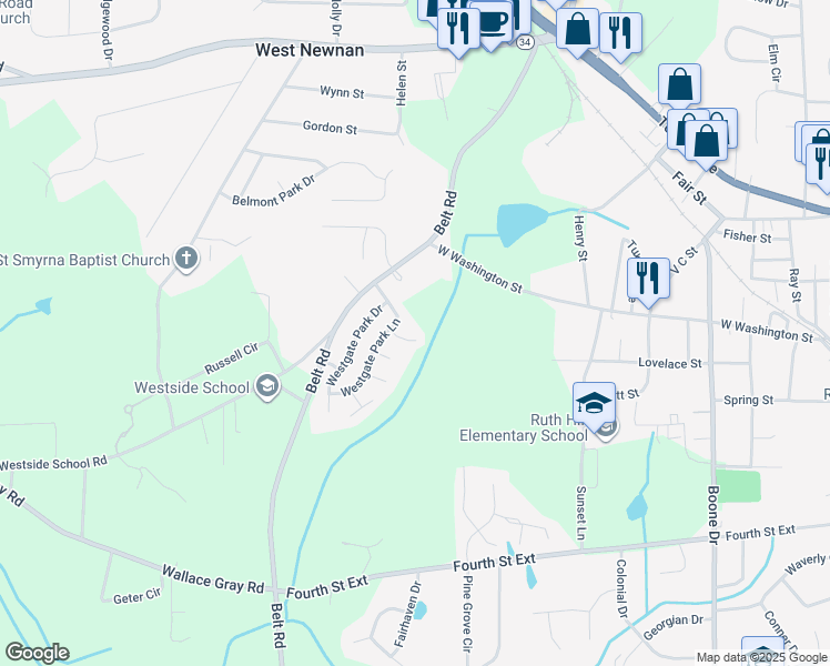 map of restaurants, bars, coffee shops, grocery stores, and more near 8 Westgate Park Court in Newnan