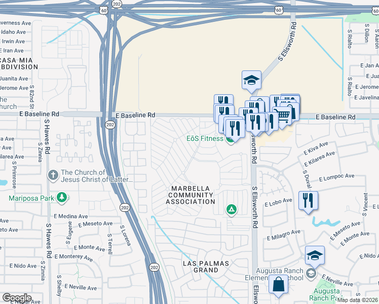 map of restaurants, bars, coffee shops, grocery stores, and more near 8865 East Baseline Road in Mesa