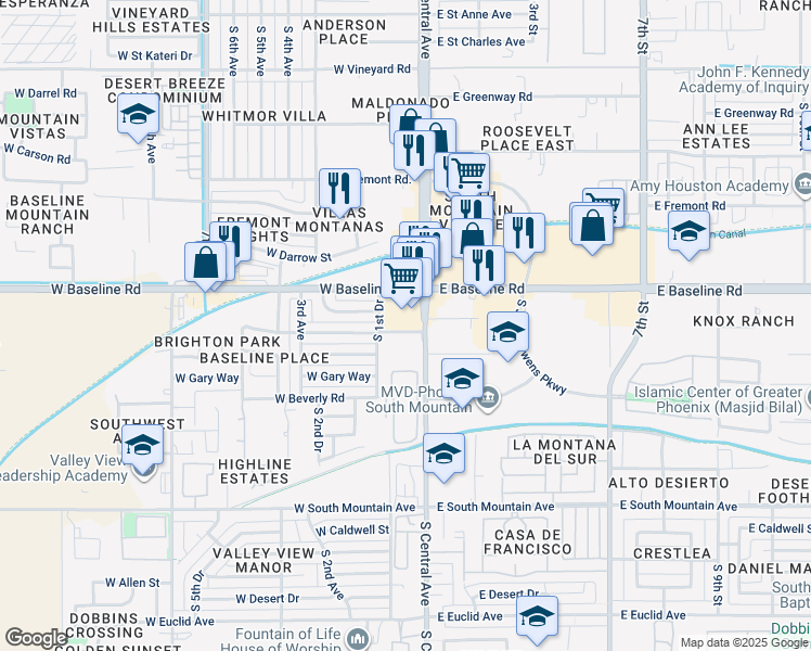 map of restaurants, bars, coffee shops, grocery stores, and more near 12 West Harwell Road in Phoenix