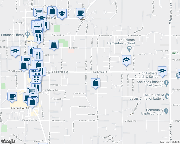 map of restaurants, bars, coffee shops, grocery stores, and more near 592 Shady Glen Drive in Fallbrook