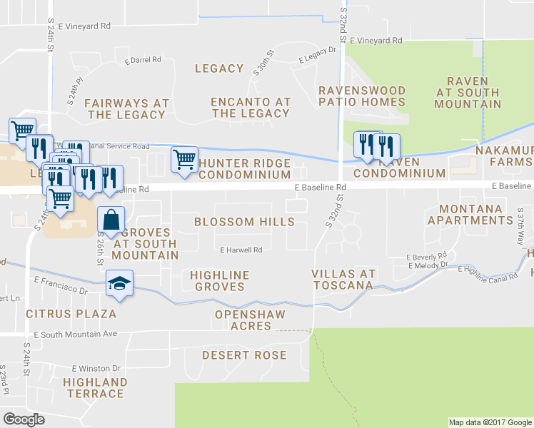 map of restaurants, bars, coffee shops, grocery stores, and more near 3018 East Branham Lane in Phoenix