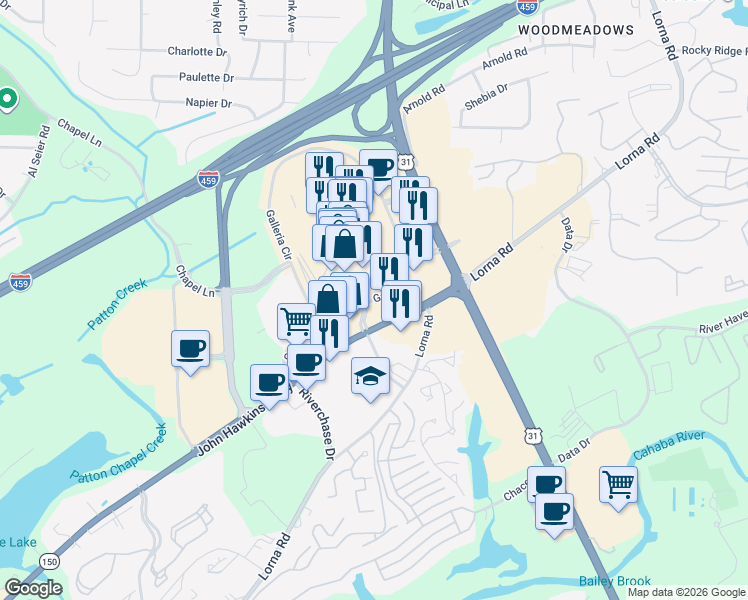 map of restaurants, bars, coffee shops, grocery stores, and more near Riverchase Galleria in Hoover