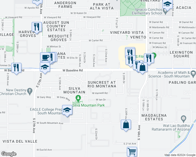 map of restaurants, bars, coffee shops, grocery stores, and more near 7715 South 22nd Lane in Phoenix