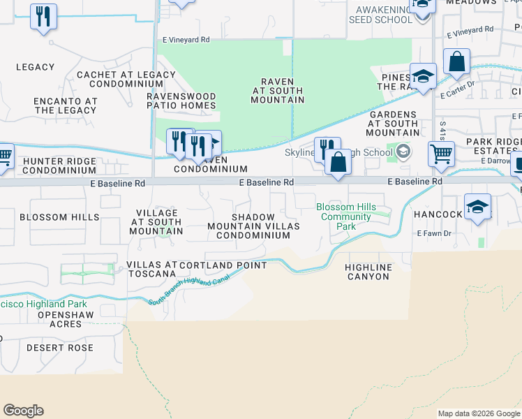 map of restaurants, bars, coffee shops, grocery stores, and more near 3511 East Baseline Road in Phoenix