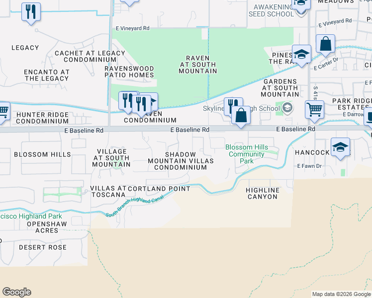 map of restaurants, bars, coffee shops, grocery stores, and more near 3511 East Baseline Road in Phoenix