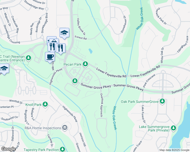 map of restaurants, bars, coffee shops, grocery stores, and more near 151 Pecan Crescent in Newnan