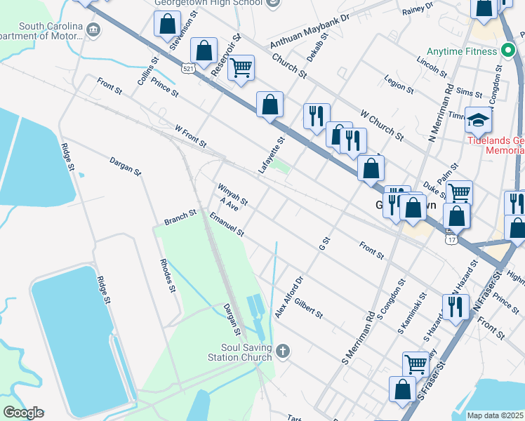 map of restaurants, bars, coffee shops, grocery stores, and more near 2120 Winyah Street in Georgetown