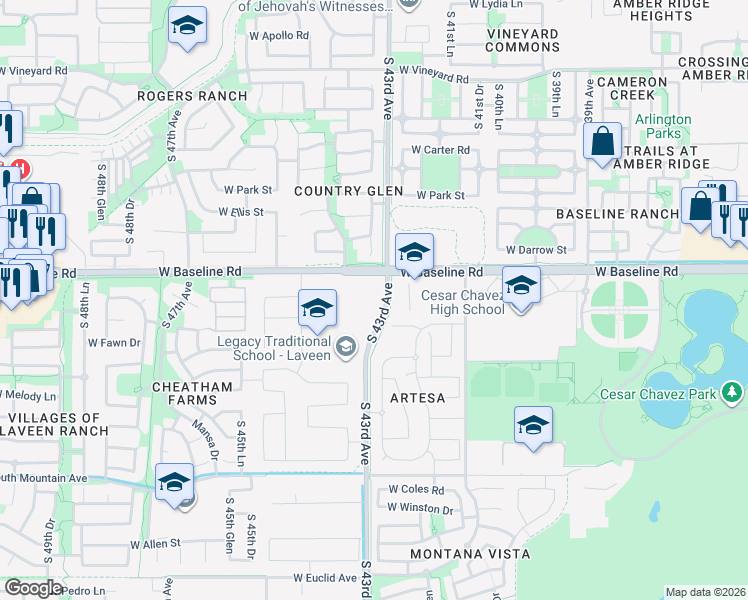 map of restaurants, bars, coffee shops, grocery stores, and more near 4305 West Baseline Road in Phoenix