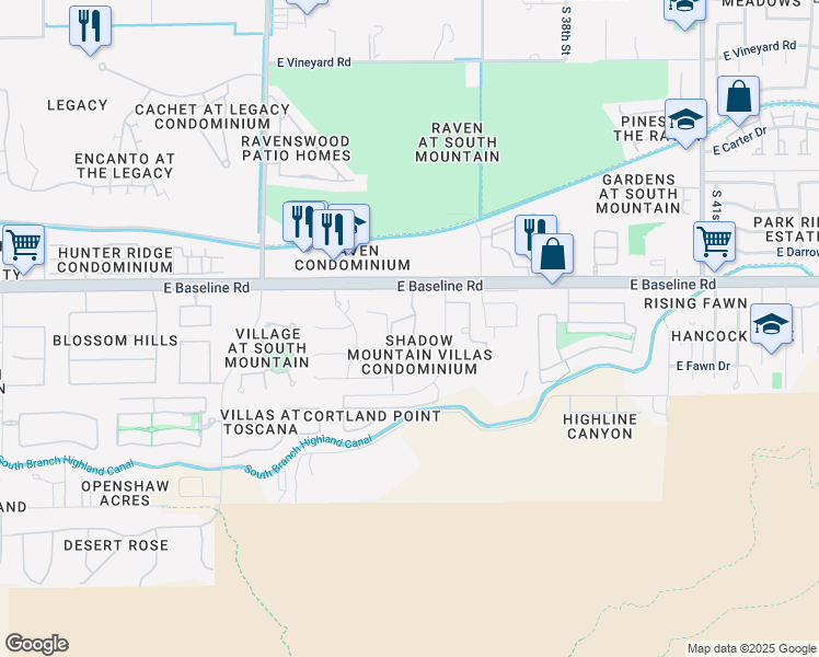 map of restaurants, bars, coffee shops, grocery stores, and more near 3511 East Baseline Road in Phoenix