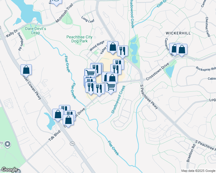 map of restaurants, bars, coffee shops, grocery stores, and more near 564 Crosstown Drive in Peachtree City